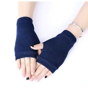 Women's Blue Cashmere Mittens Finger Less Gloves For Phone Use - Great Gift